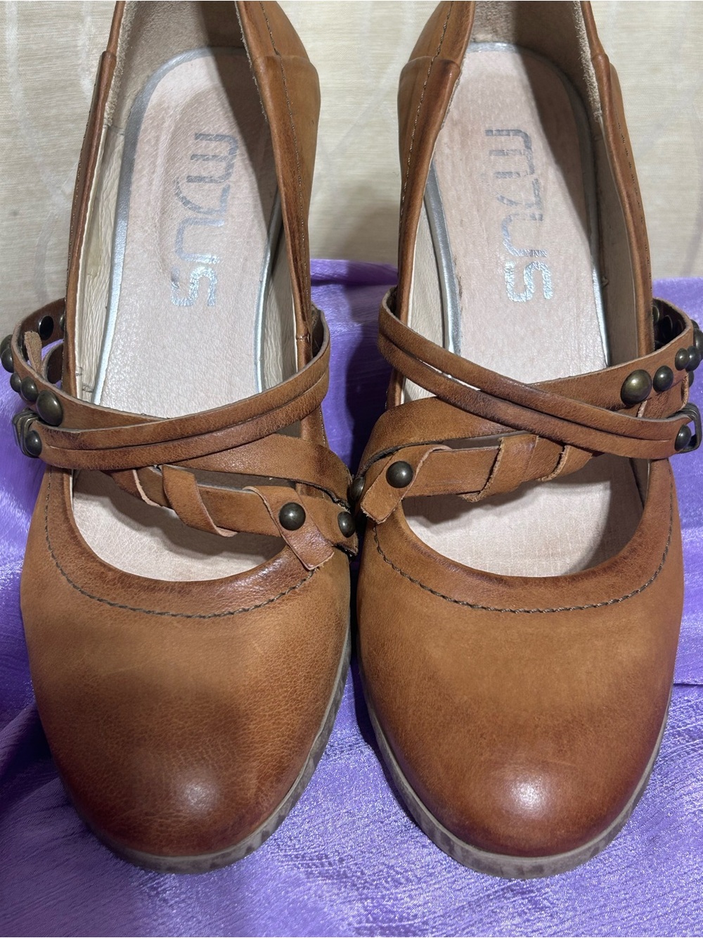 MJUS Women's Italian Brown Leather Mary Jane Heels with Decorative Straps
